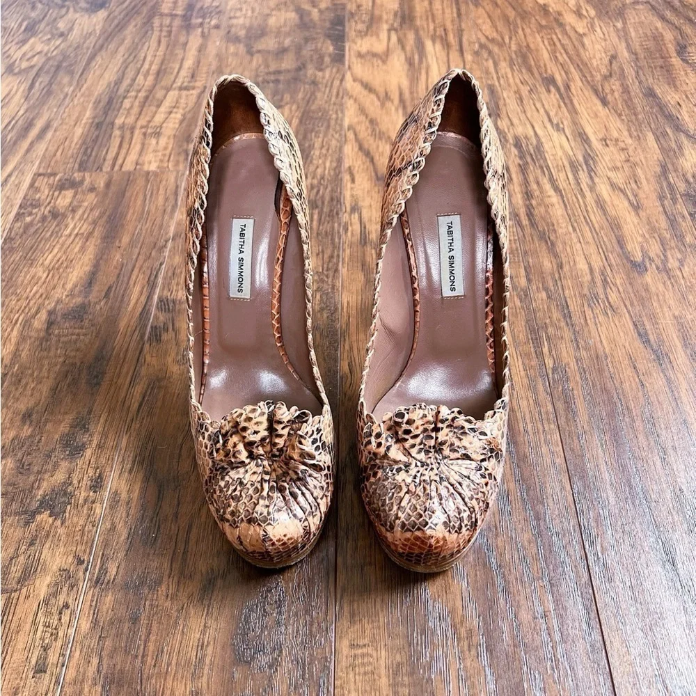 Tabitha Simmons • snakeskin pumps platform coral whipstitch ruffle stiletto